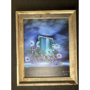 Framed Original Painting "Blue Candle & Flowers" by PK Goss 2018 Rustic Wood